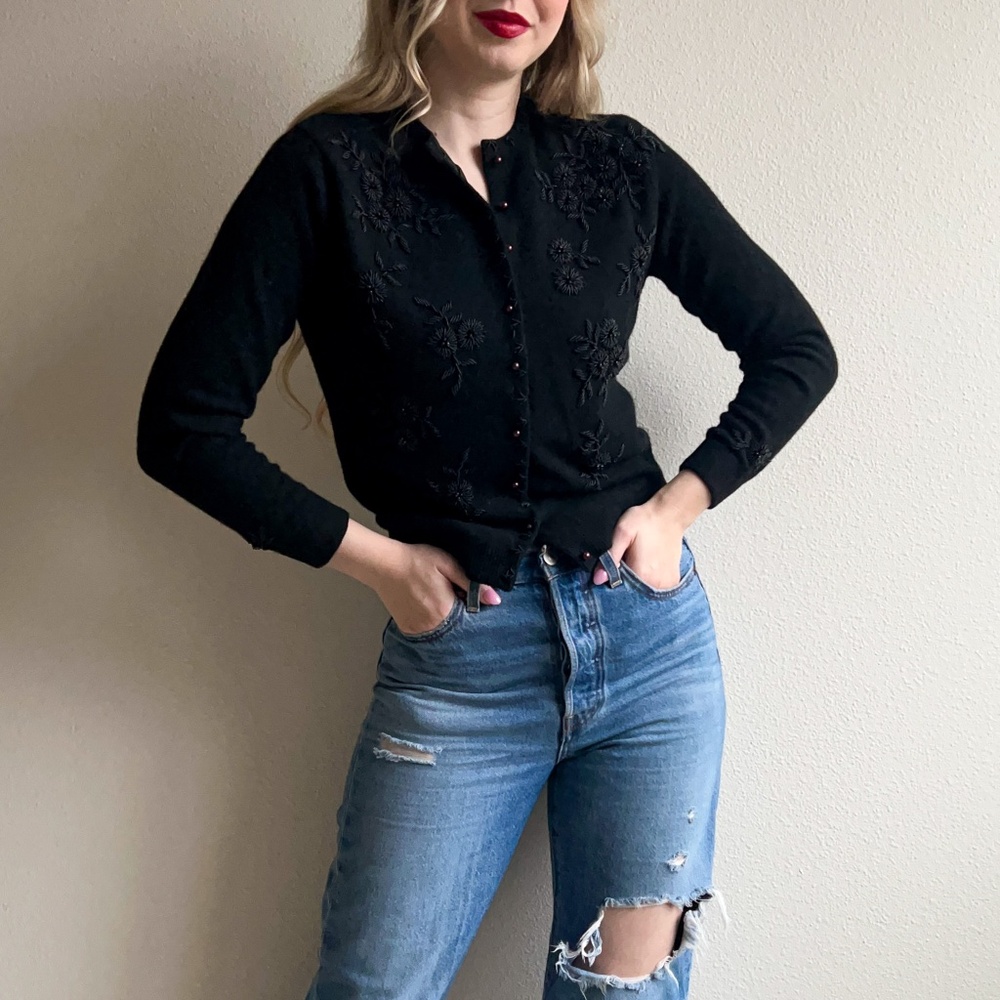 Vintage 1950s Black Wool Cardigan With Black Beading (S/M)
